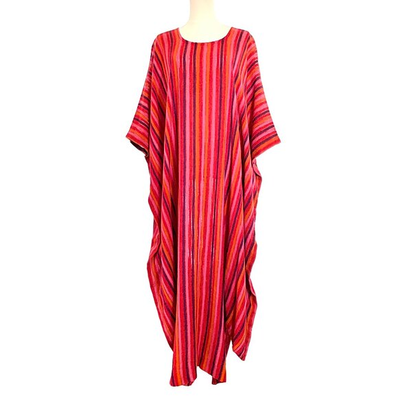 VINTAGE MUMU Semi-Sheer Woven Striped House Dress Coverup Pink Red Orange Purple